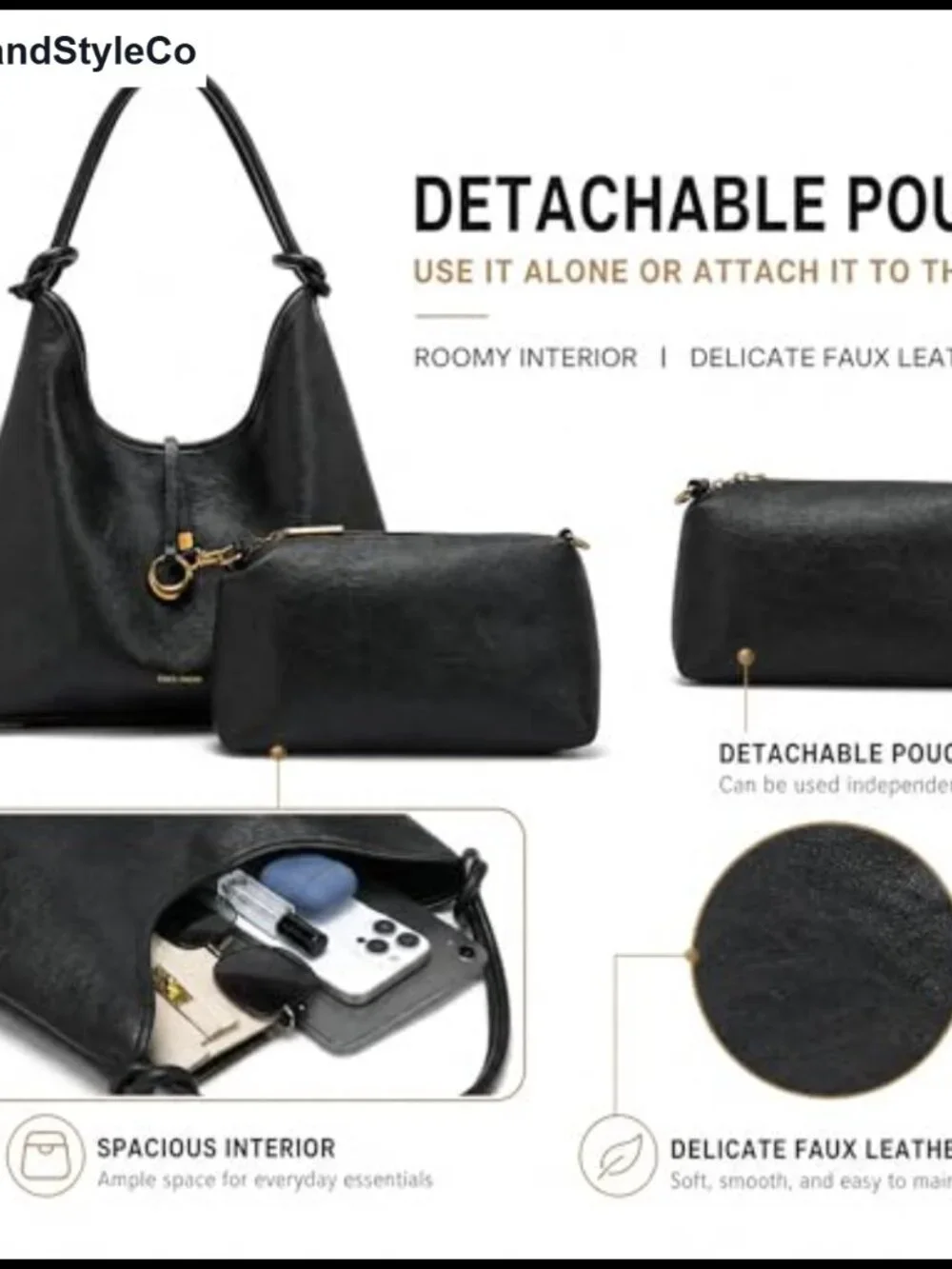 2-in-1 Hobo Bag Set with Detachable Pouch Vegan Leather Women's Shoulder Purse